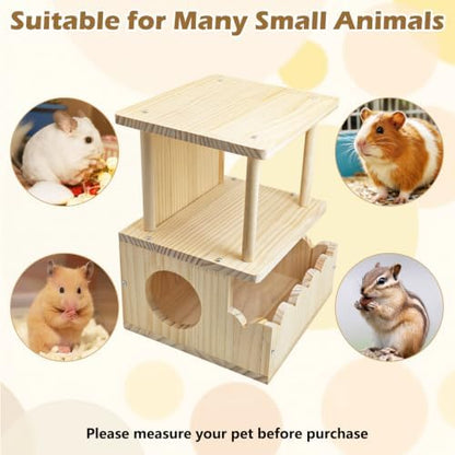 Fhiny Wooden Chinchilla Hideout, 2-Layer Guinea Pig House Nature Wood Small Animal Hut Chinchilla Cage Accessories for Hamster Squirrel Sugar Gliders