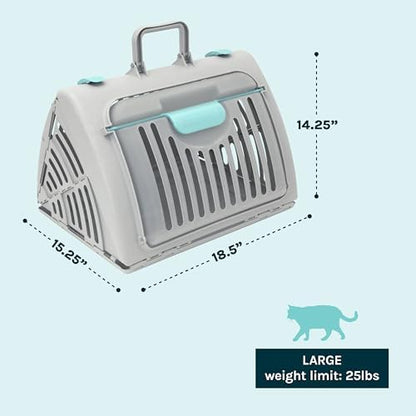 SportPet Large Hard-Sided Travel Cat Carrier - Cat Carrier with Patented Wide Side-Opening Door, Foldable Portable Pet Carrier with Removable Bed for Cats & Small Pets up to 25lbs - Gray
