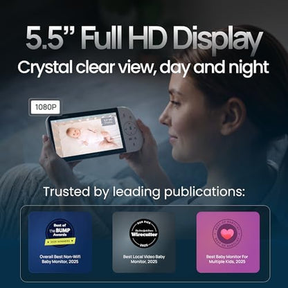 Babysense PRO Non-WiFi Full HD 5.5" Split Screen Baby Monitor with Camera and Audio, 6-Color Night Light, White Noise, Sound & Light Machine, 20-Hour Battery, Hack-Proof Secure Connection