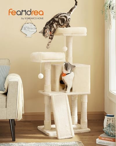 Feandrea Cat Tree, 45.3-Inch Cute Cat Tower, Plush Climbing Condo, Beige