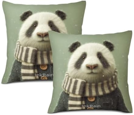 InkRain Winter Animal Cute Panda Pillow Cover 20x20 Inch Set of 2 Home Decor Decorative Cotton Linen Illustration Pillowcases for Living Room House Sofa