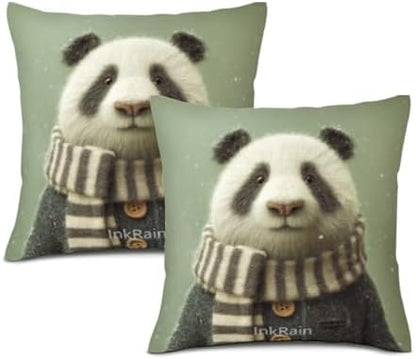 InkRain Winter Animal Cute Panda Pillow Cover 24x24 Inch Set of 2 Home Decor Decorative Cotton Linen Illustration Pillowcases for Living Room House Sofa