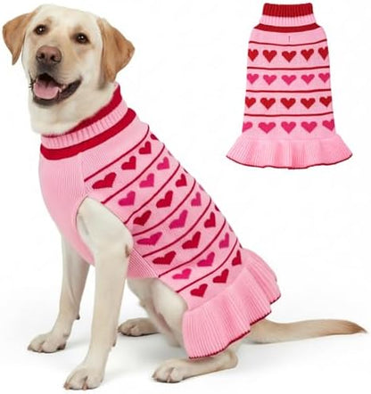 KYEESE Valentines Dog Sweater, Stretchy Pullover Dog Sweaters for Large Dogs, Soft Turtleneck Large Dogs Sweater with Heart Print, Warm Pet Sweaters Dress, Comfy Pet Clothes Coat with Leash Hole, 3XL