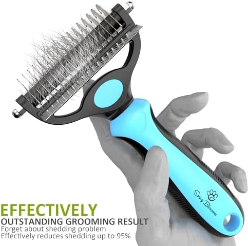Spring Blossoms-2 in 1 Professional Grooming Rake for Cats & Dogs-Dematting Comb for Easy Mats & Tangles Removing,Pet Brush Safe No More Nasty Shedding and Flying Hair (Blue)