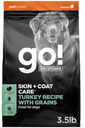 Go! Solutions Skin + Coat Care Turkey Dry Dog Food with Grains, Chicken-Free, Healthy Kibble with Omega-3s & 6s for Soft, Shiny Fur, for Puppies, Adults, & Seniors, 3.5 lb Bag