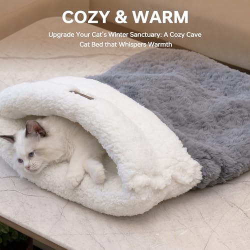 Self Warming Cat Cave Bed, Double-Layer Faux Fur Sleeping Bag Grey