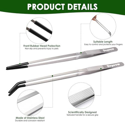 Reptile Feeding Tongs, Stainless Steel Long Tweezers Set (Silver)
