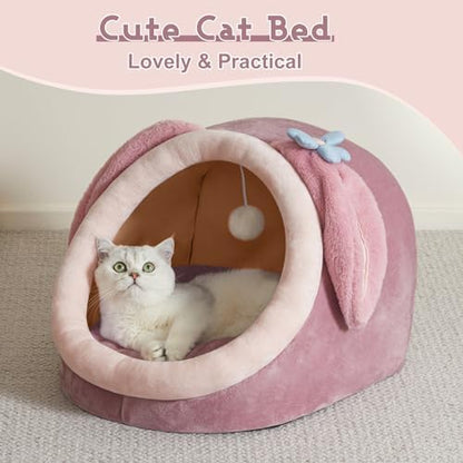Jiupety Cute Cat Bed for Indoor Cats, Warm Soft Cave Fit for 11-17 lb Cats and 0-8 lb Dogs, Pink Rabbit, L