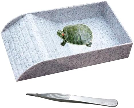 kathson Reptile Tortoise Turtle Feeding Dish with Ramp and Basking Platform Plastic Turtle Food and Water Bowl Also Fit for Bath Horned Frogs Lizards Amphibians(White, Emulational Granite)