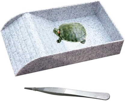 kathson Reptile Tortoise Turtle Feeding Dish with Ramp and Basking Platform Plastic Turtle Food and Water Bowl Also Fit for Bath Horned Frogs Lizards Amphibians(White, Emulational Granite)