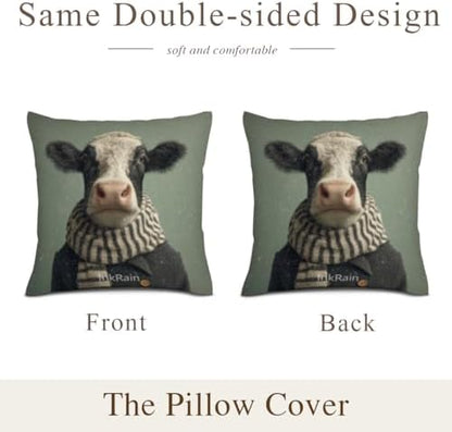 InkRain Winter Animal Cute Black and White Cow Pillow Cover 24x24 Inch Set of 2 Home Decor Decorative Cotton Linen Illustration Pillowcases for Living Room House Sofa
