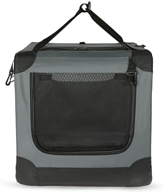 Amazon Basics 4-Door Portable Folding Soft Dog Crate, Collapsible Travel Kennel for Cat, Dog, and Other Small Animals, Pop Up with Easy Transportation, Grey, M 30" x 21" x 21"