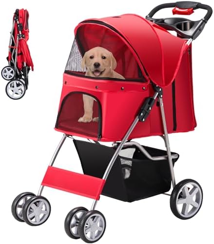 Foldable Pet Stroller 4 Wheels for Small Medium Dogs Cats,Red