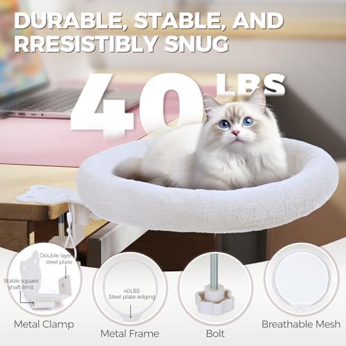 Cat Desk Bed,Steel Cat Bed for Desk,Easy to Assemble,Machine Washable and Detachable Easy to Clean,180° Rotating Cats Hammock Desks for Office Game Tables,Supports to 40lbs(White)