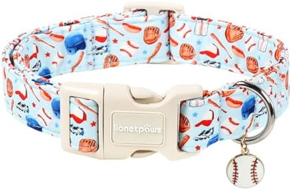 Lionet Paws Light Blue Summer Dog Collar Baseball Collars with Cute Baseballs Pattern Pendant - Female Male Boy Dog Collar for Small Medium Large Dogs S