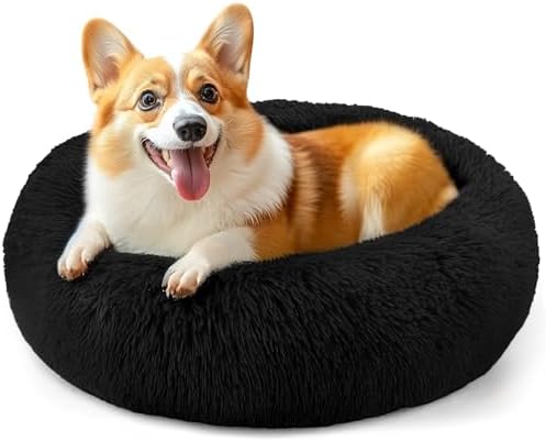 28in Large Dog Bed, Calming Donut Bed for Puppy and Kitten (Black)