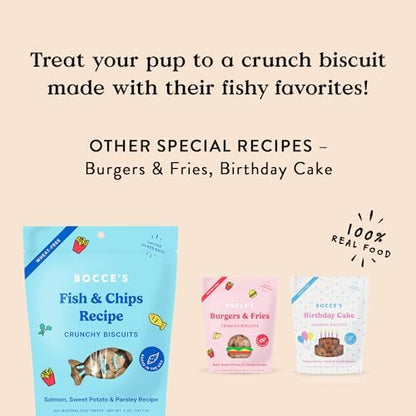 Bocce's Bakery Fish & Chips Flavor Crunchy Biscuits Dog Treats, 5 oz