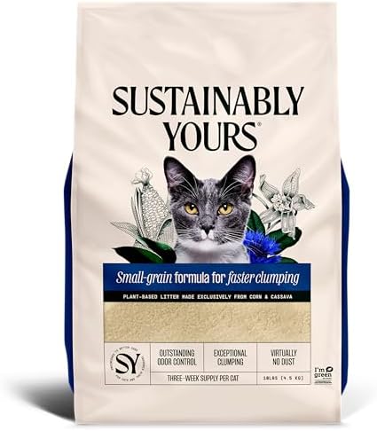 Sustainably Yours Natural Cat Litter, Small-Grain Formula, Exceptional Clumping & Odor Control, Virtually No Dust, Soft on Paws, Corn & Cassava Plant-Based, Unscented, 10 lbs
