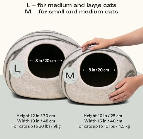 MEOWFIA Cat Cave - Merino Wool Bed for Indoor Cats (Light Gray, Medium)