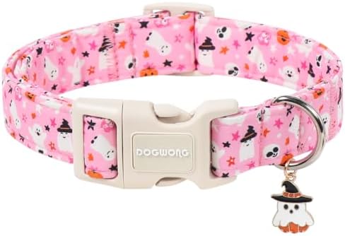 DOGWONG Pink Halloween Dog Collar, Pink Ghost Fall Dog Collar,Girl Female Halloween Dogs Collars for Small Medium Dogs, Neck 14-21 inches