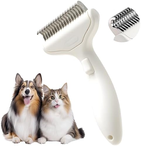 Dematting Comb and Deshedding Brush for Double-Coated Dogs and Cats,Undercoat Rake Pet Brush for long haired and Matted Fur Pets,Grooming Tool for Kitten, Puppy and Rabbit (White)
