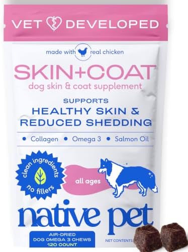 Native Pet Skin & Coat Chews - Omega 3 Fish Oil for Dogs Skin & Coat Supplement - Itch Relief, Shiny Fur & Shedding Support - Collagen, Hyaluronic Acid, Biotin, Probiotics & Salmon Oil - 120 Chews
