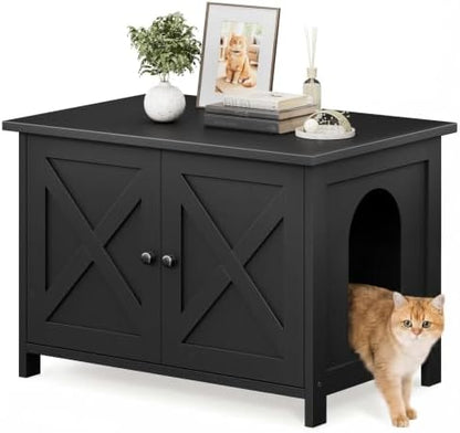 Shintenchi Cat Litter Box Enclosure, Litter Box Furniture Cabinet Hidden with Removable Divider, Wooden Cat House with End Table, Black, 31.5 inch