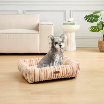 Modern Threads Ribbed Plush Two-Tone Cuddler Dog Bed, Ultra-Soft Faux Rabbit Fur, Supportive Bolstered Sides, Removable Washable Cover, Bed for Medium Dogs, Cream, (28" L x 21" W x 9" Th)