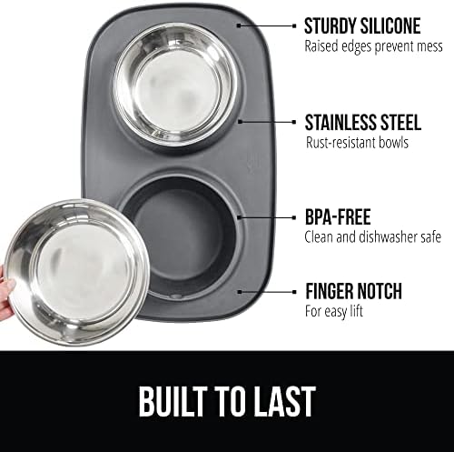 GORILLA GRIP Dog Bowl Set with Feeding Mat, 304 Stainless Steel, 3 Cup Gray