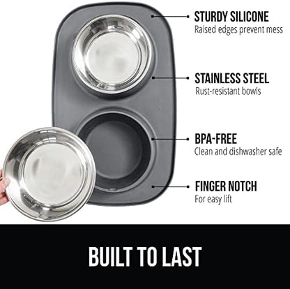 GORILLA GRIP Dog Bowl Set with Feeding Mat, 304 Stainless Steel, 3 Cup Gray