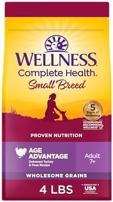 Wellness Complete Health Age Advantage Small Breed Senior Dry Dog Food, Wholesome Grain Kibble, Natural, Turkey and Peas Recipe, 4 lb Bag
