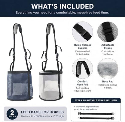 Horse Feed Bag,Heavy Duty Muzzle Feed Bag with Adjustable Strap,Comfort Neck Pad,Nose Pad and Double Waterproof Bottom Mesh Feed Bags for Horse Pack of 2 (Dark Blue & Grey)