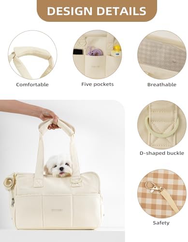 ONECUTE Dog Carrier for Small Dogs Rabbit cat with Large Pockets, Cotton Bag, Dog Carrier Soft Sided, Collapsible Travel Puppy Carrier (Beige, 17" L x 7.5" W x 12" H)