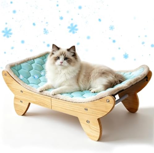 SZEE Elevated Cat Bed, Wooden Raised Cat Bed with Ice Cooling Mat