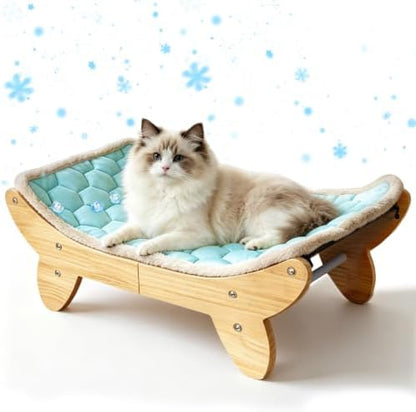 SZEE Elevated Cat Bed, Wooden Raised Cat Bed with Ice Cooling Mat