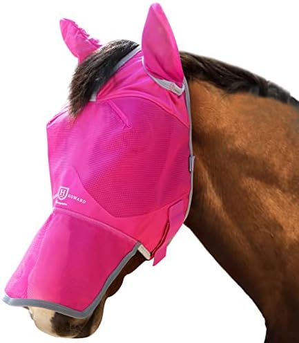 Harrison Howard UV-proof Forelock Opening Reliable Protection Horse Fly Mask Long Nose with Ears Magenta Arabian Medium