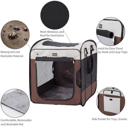DONORO Dog Kennels and Crates for Medium Dogs, Portable Pop Up Indoor Pet Cage with Sturdy Wire Frame, Collapsible Travel Crate Soft Sided Cat Bag Escape Proof (Brown, 24.0" L x 16.0" W x 19.0" H)