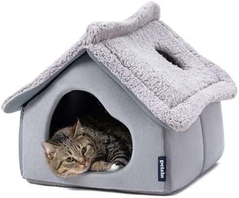 Pelzin Cat Houses for Indoor Cats - Large Cat Cave Bed with Removable Support Foam and Washable 2-Side Mat - Covered Cat Bed for Cat Hideaway - Enclosed Cat Hideout for Kitten and Small Pet, Grey