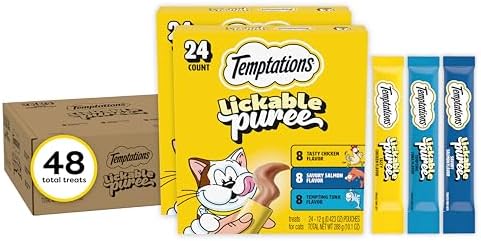 Temptations Creamy Puree Squeezable Lickable Cat Treats, Wet Cat Treats with Chicken, Salmon, and Tuna Variety Pack, 0.42 oz. Tubes, 24 Count, Pack of 2 (48 Total)
