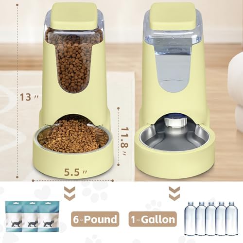 HWONMTE Portable Automatic Cat Feeder and Water Dispenser with Stainless Steel Bowl Dog Gravity Food Feeder and Waterer for Small Medium Pets Puppy Kitten 1 Gallon x 2 (Cream Yellow)