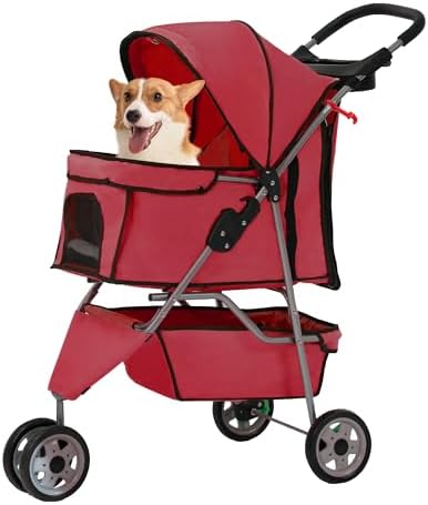 FDW | 3-Wheel Foldable Pet Stroller | Red | Lightweight & Portable