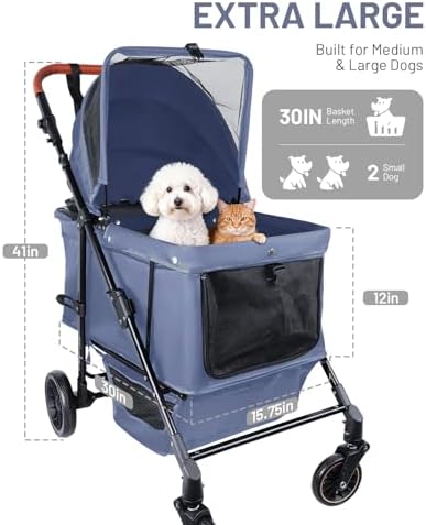 Dog Stroller for Medium & Large Dogs Up to 66 lbs, Pet Stroller for 2 Small Dogs with Adjustable Handle & Canopy, Sun Shades, Storage Organizer, Foldable & Ventilated,Navy Blue
