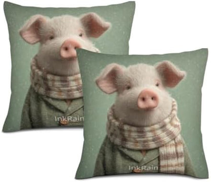 InkRain Winter Animal Cute Pig Pillow Cover 16x16 Inch Set of 2 Home Decor Decorative Cotton Linen Illustration Pillowcases for Living Room House Sofa