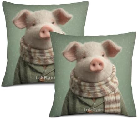 InkRain Winter Animal Cute Pig Pillow Cover 24x24 Inch Set of 2 Home Decor Decorative Cotton Linen Illustration Pillowcases for Living Room House Sofa