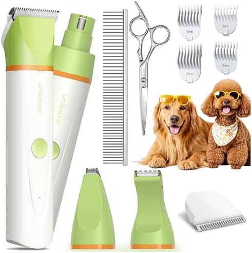 unibono Dog Grooming Kit with Paw Trimmer, All-in-One Low Noise Electric Rechargeable Small Quiet Pet Clippers Foot Dog Hair Shaver with Stainless Steel Scissors and Comb for Dogs at Home (Green)
