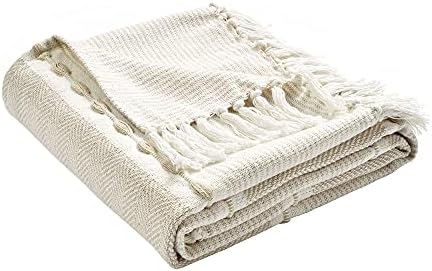 Lush Decor Herringbone Stripe Woven Tassel Yarn Dyed Cotton Throw Blanket 50" W x 60" L Neutral & White - Striped Throw Blankets - Beige Couch Blanket