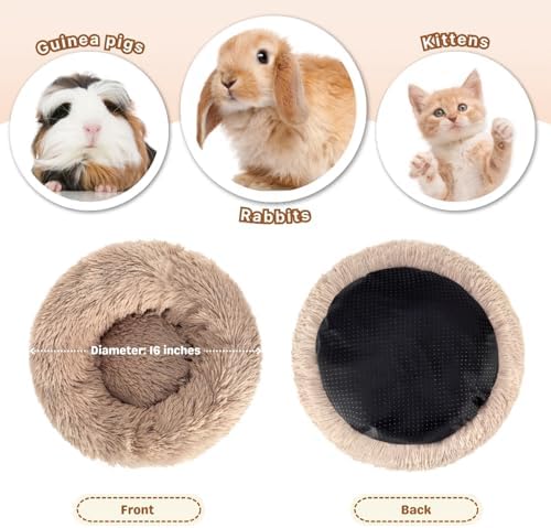 Rabbit Bed, Long Plush Donut Shaped Washable Bunny Hideout Soft Pet Bedding Mat for Guinea Pig, Kitten, Chihuahua & Small Pets for Snuggling Resting - Khaki