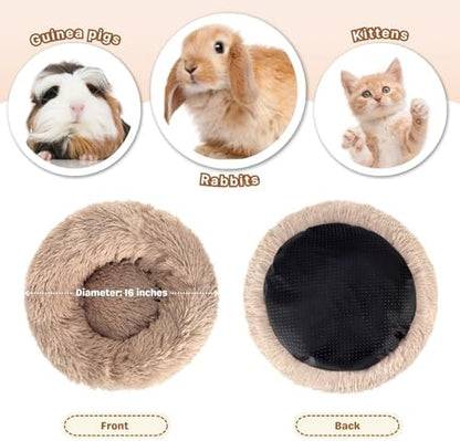 Rabbit Bed, Long Plush Donut Shaped Washable Bunny Hideout Soft Pet Bedding Mat for Guinea Pig, Kitten, Chihuahua & Small Pets for Snuggling Resting - Khaki
