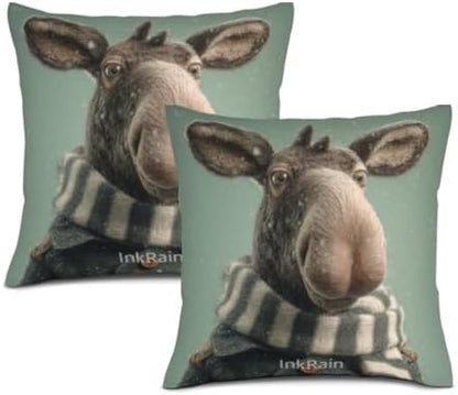 InkRain Winter Animal Cute Moose Pillow Cover 18x18 Inch Set of 2 Home Decor Decorative Cotton Linen Illustration Pillowcases for Living Room House Sofa