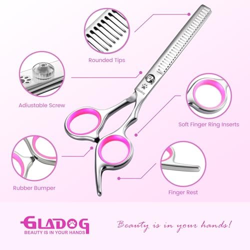 GLADOG Professional 4 in 1 Dog Grooming Scissors Set with Safety Round Tips, Sharp and Heavy-duty Pet Grooming Shears for Cats (Pink)